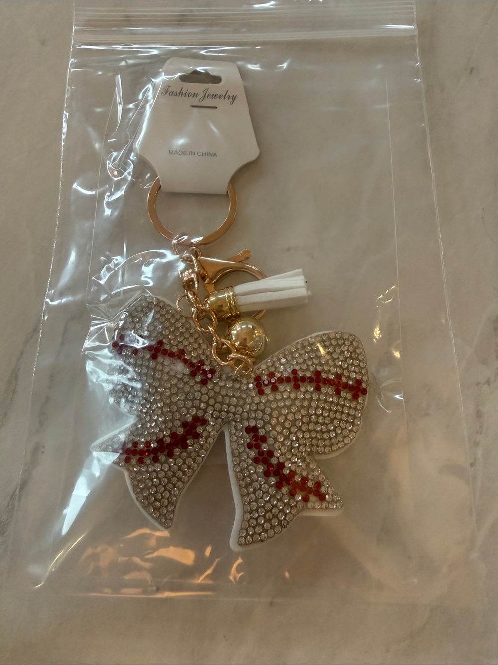 ⚾️ ✨ NWT Rhinestone Bling Baseball Bow Puffy Keychain Bag Charm Tassel ✨ ⚾️ - Picture 6 of 6